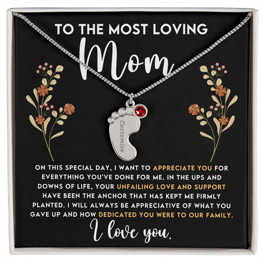 Engraved Baby Feet with Birthstone Necklace for Mom