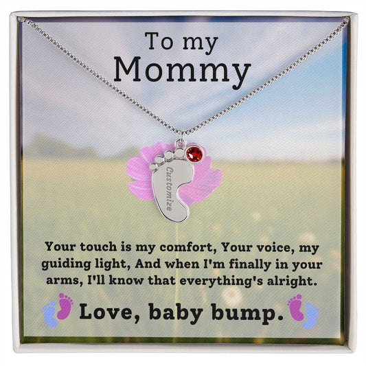 Engraved Baby Feet with Birthstone Necklace for Mom-To-Be