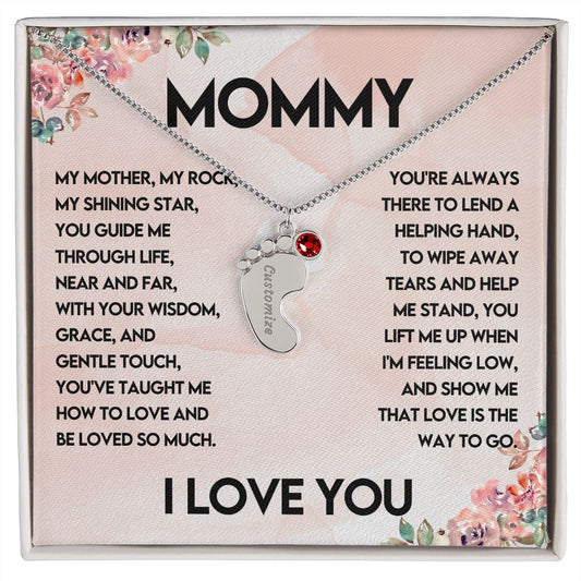 Engraved Baby Feet with Birthstones Necklace for Mom